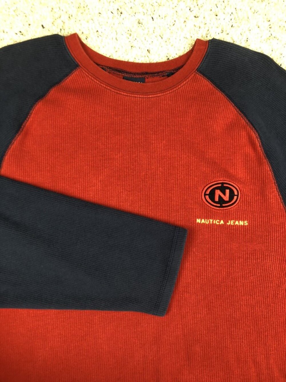 Nautica Sweater XL Red Blue Pullover Crew Neck SPELL OUT Logo Mens Heavy Vintage